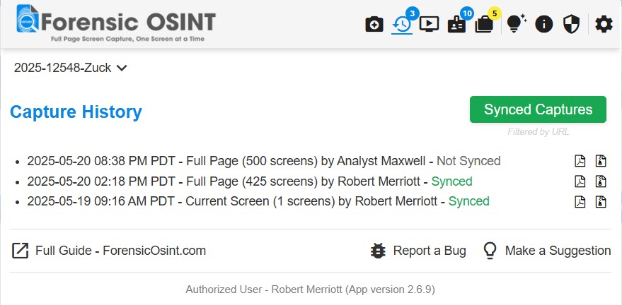 Forensic OSINT Capture History List
