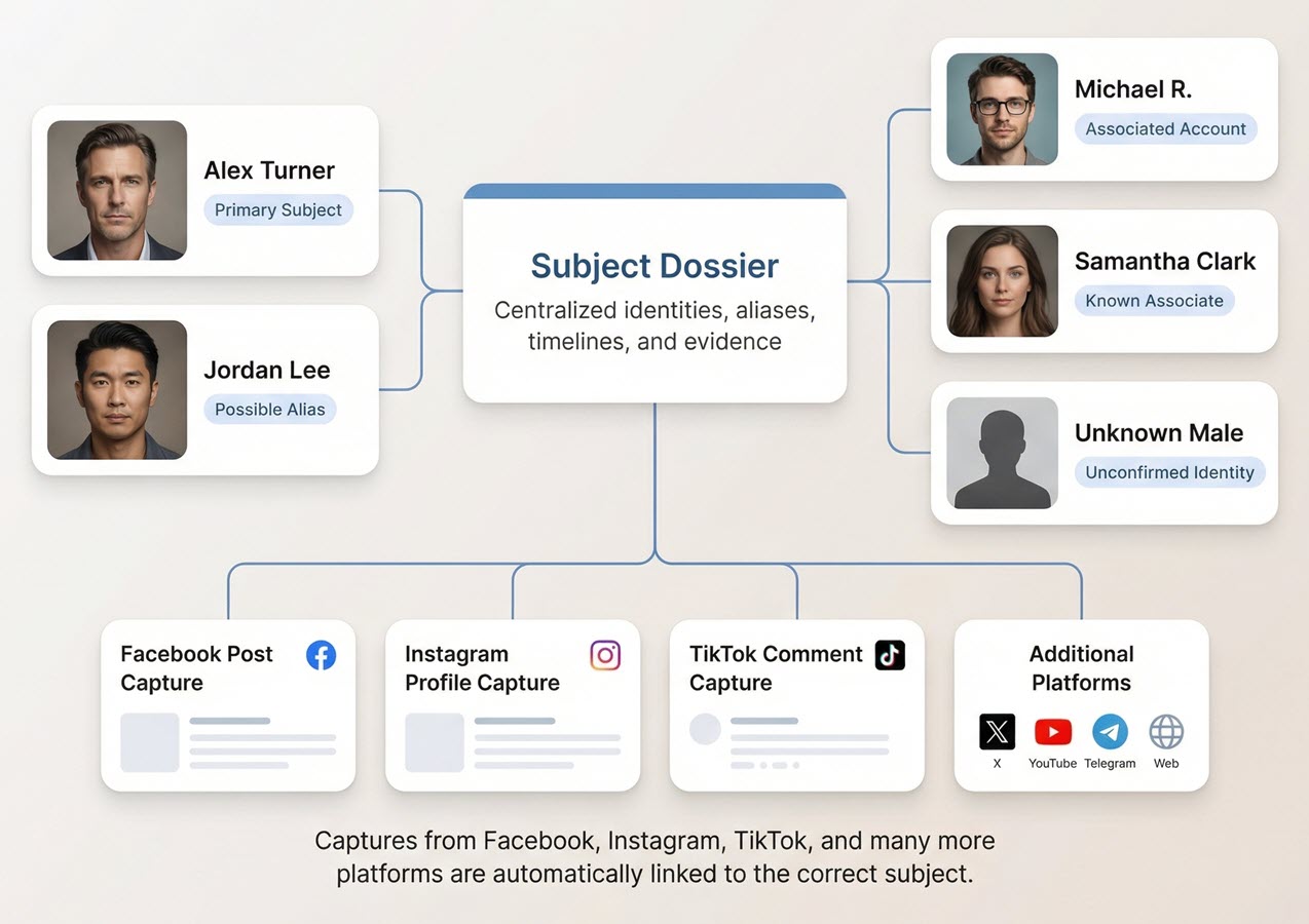 Subject Dossier showing linked identities and timeline