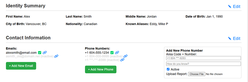 Subject Dossier contact and alias tracking