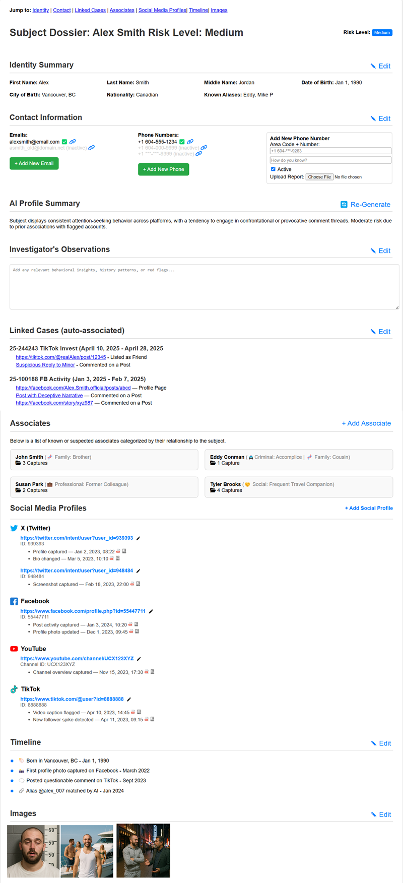 Subject Dossier overview showing profile information and linked captures