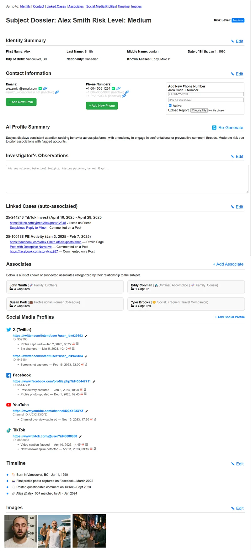 Click to view larger image Subject Dossier overview showing profile information and linked captures