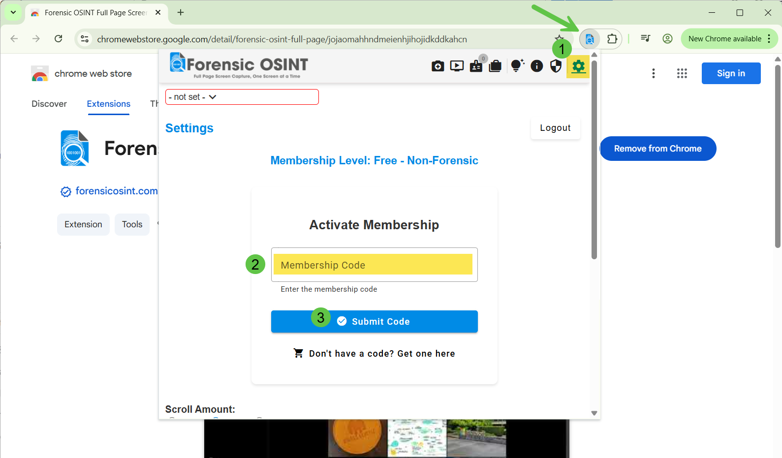 Entering membership code in the extension
