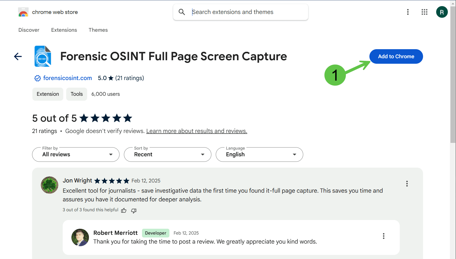 Chrome Web Store Forensic OSINT page