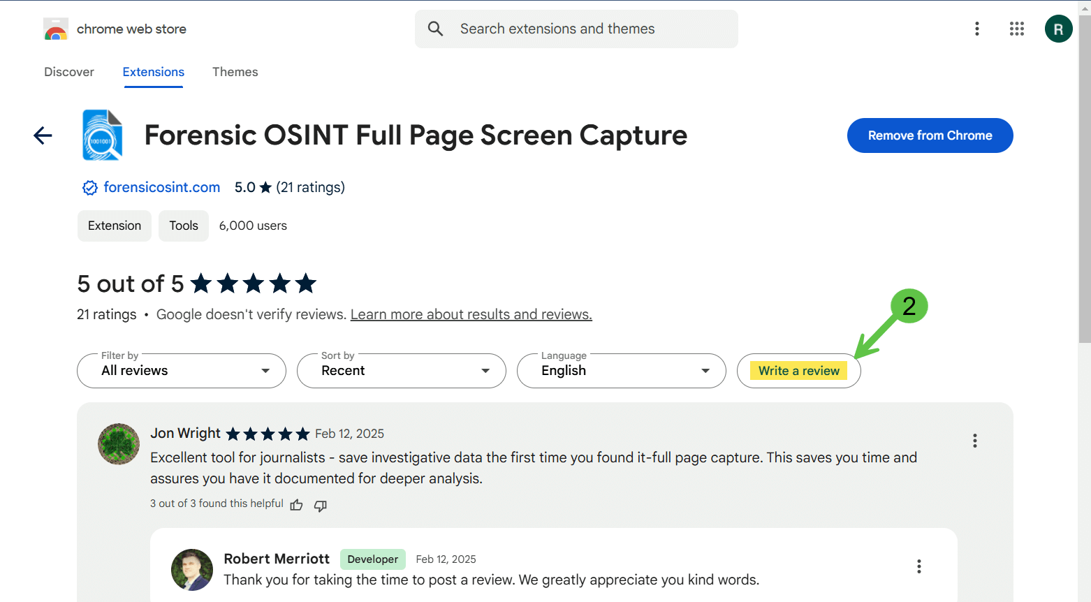 Click Write a Review button on Chrome Web Store