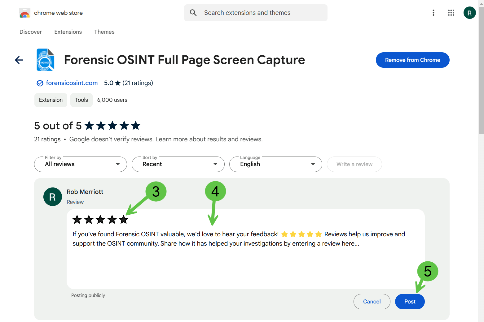 Submit a review on Chrome Web Store