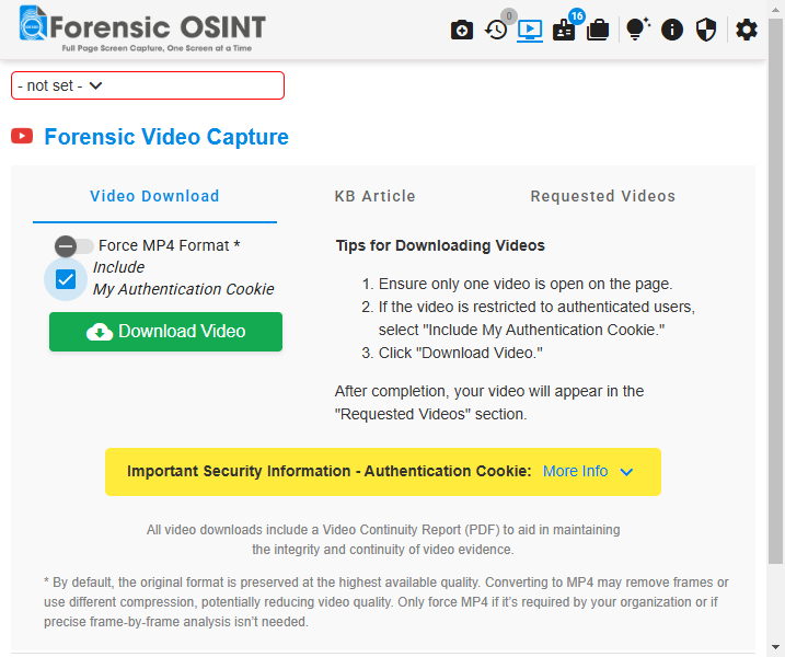 Include Authentication Cookie option in Forensic OSINT
