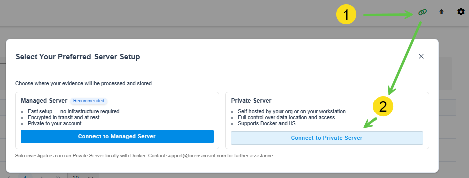 Step 1: Open server setup. Click the Link icon, choose Private Server, then Connect to Private Server.