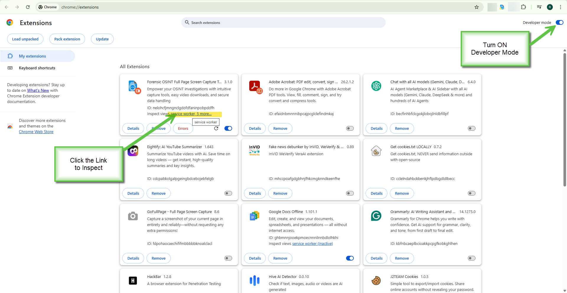 Chrome extensions page with Developer mode enabled and the service worker inspect link highlighted