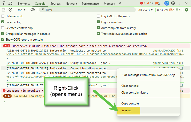 Right-click context menu in Console with Save as option highlighted
