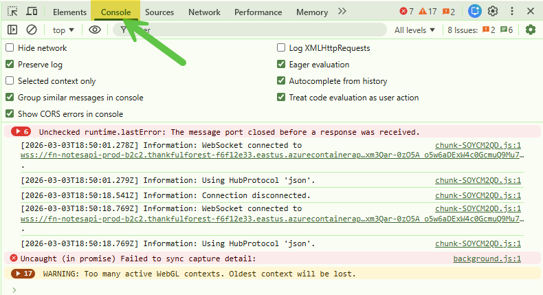 Console tab in Developer Tools showing error and warning messages