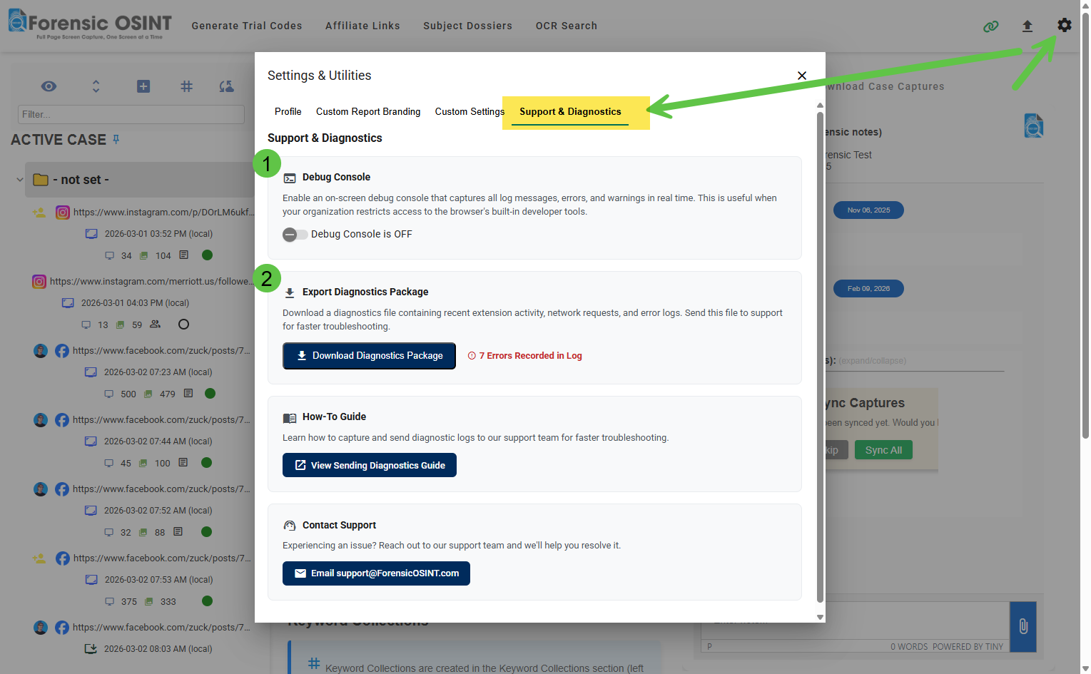 Settings and Utilities panel showing the Support and Diagnostics tab with Debug Console and Export Diagnostics Package features