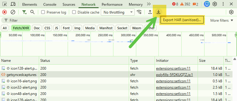 Network tab with the Export HAR button highlighted in the toolbar