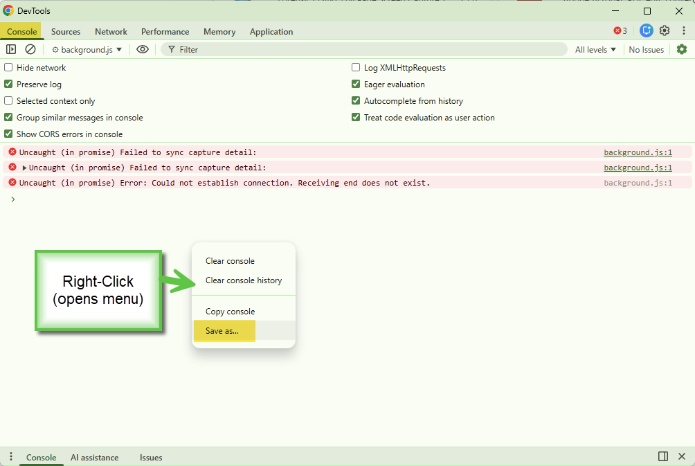 Service worker console showing error messages with Save as option in right-click menu