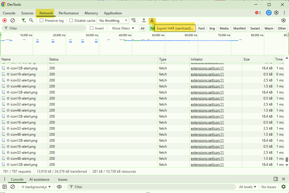 Service worker Network tab with the Export HAR button highlighted