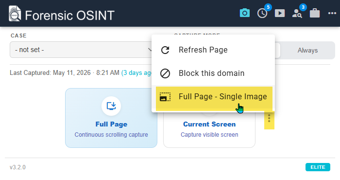 Single Image Full Page Screen Capture option in the Forensic OSINT extension