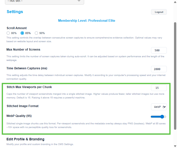Single Image Full Page Capture settings: Stitch Max Viewports per Chunk, Stitched Image Format, and WebP Quality