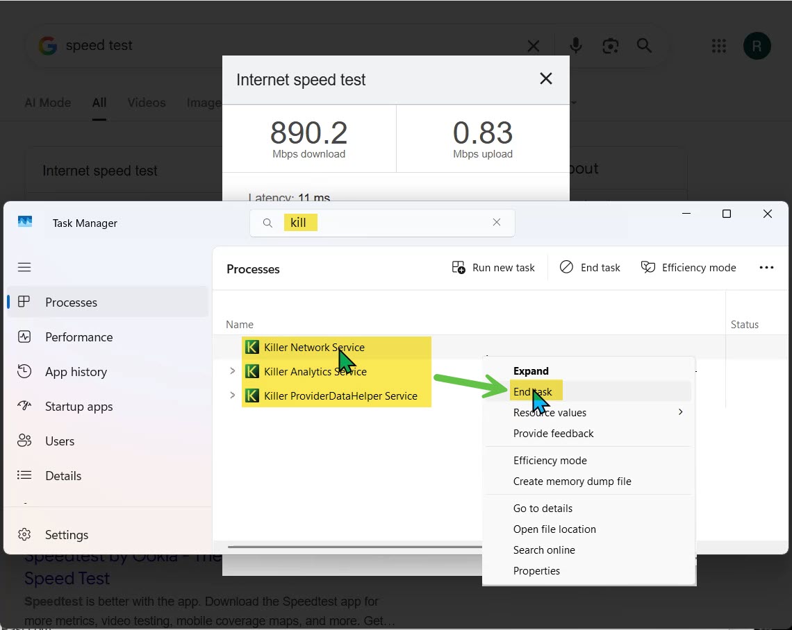 Task Manager showing Killer Network services