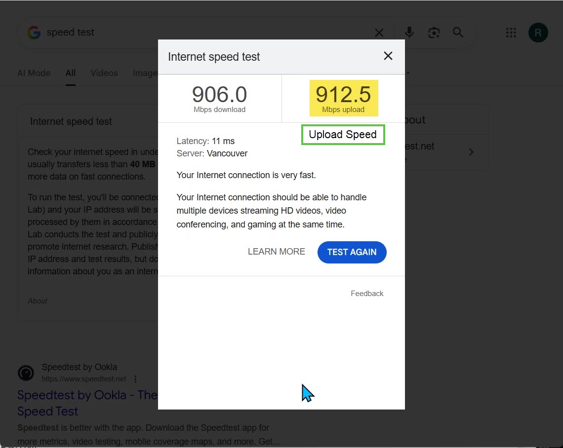 Speed test showing normal upload: Download ~906 Mbps, Upload 912.5 Mbps