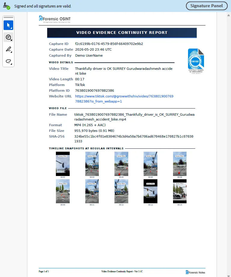Click to view larger image Forensic OSINT Video Evidence Continuity Report showing capture metadata, SHA-256 hash, and timeline snapshots