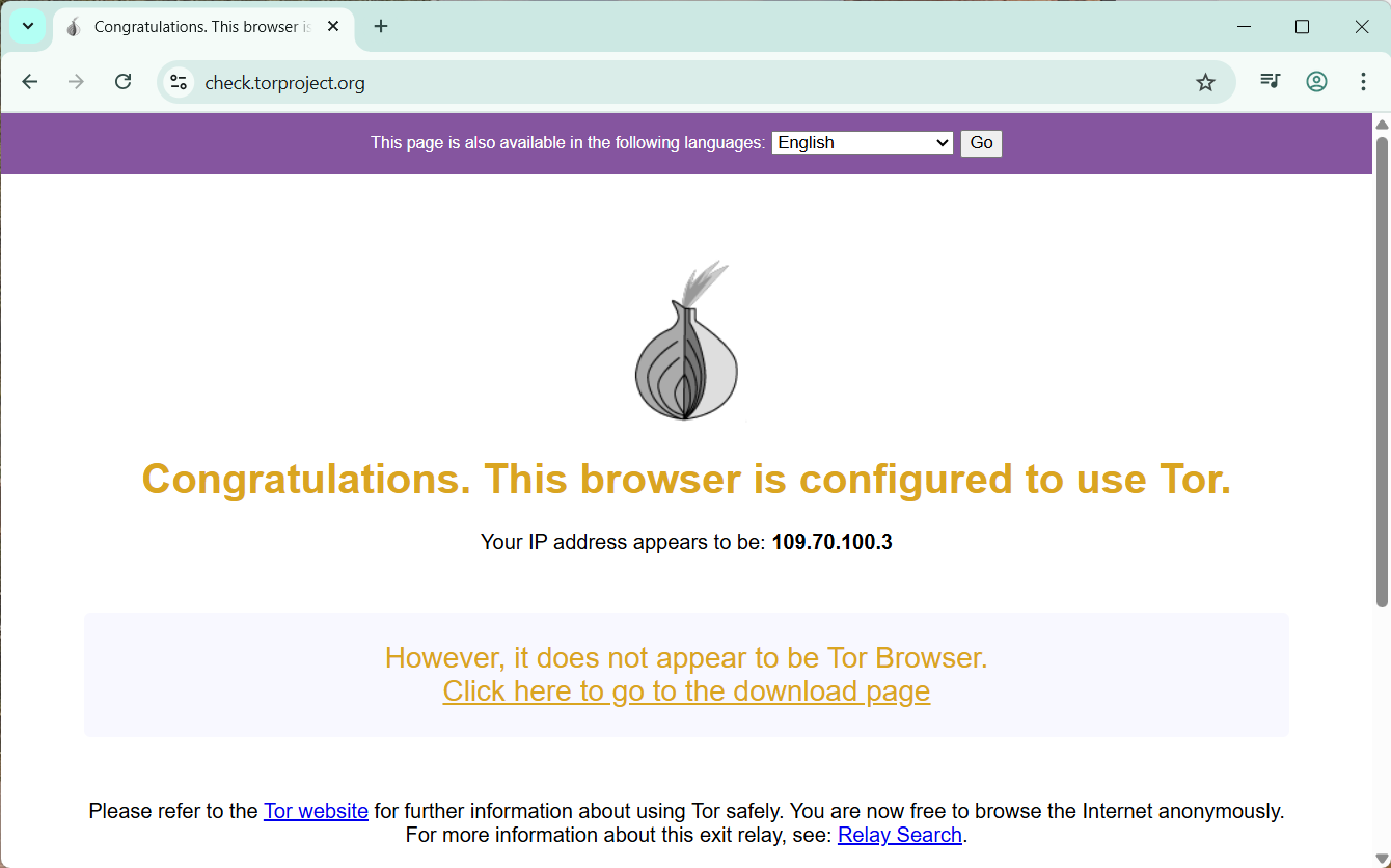 Chrome showing the check.torproject.org Congratulations message