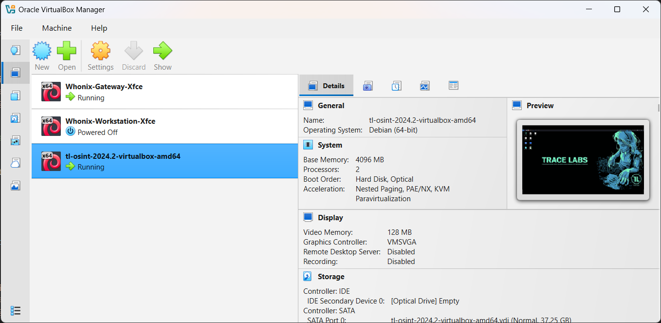 VirtualBox Import dialog for Trace Labs OSINT VM