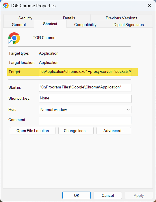 Windows Chrome shortcut Properties showing the Tor flags appended