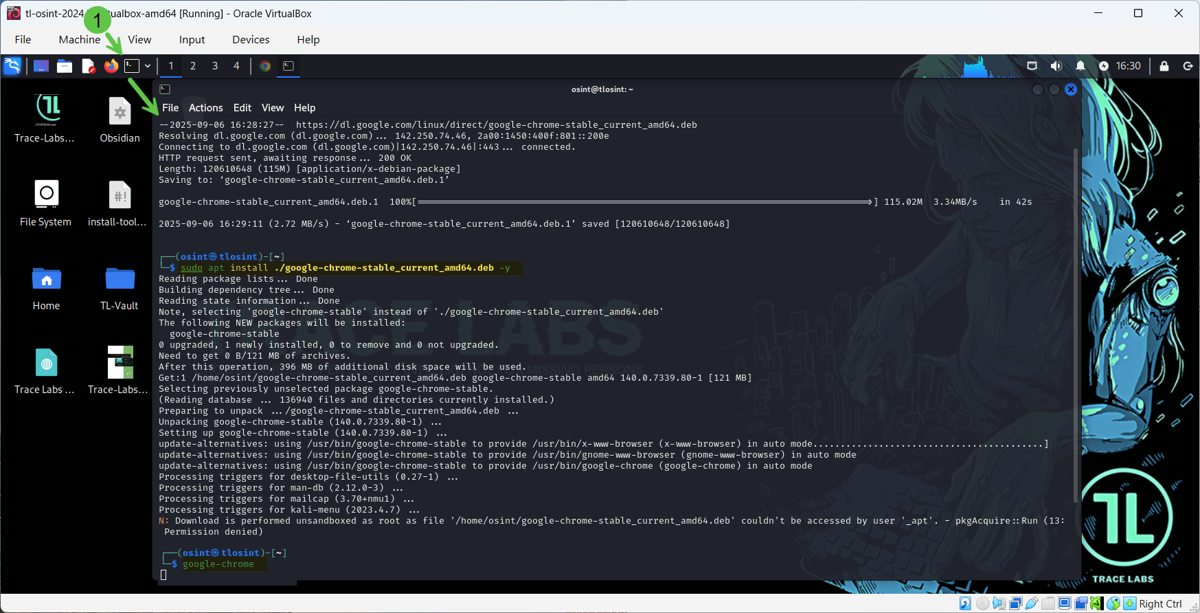 Terminal showing the wget command to download Google Chrome