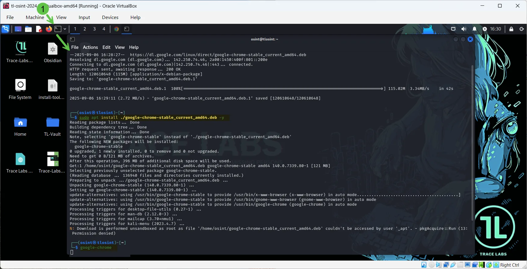 Terminal showing the wget command to download Google Chrome