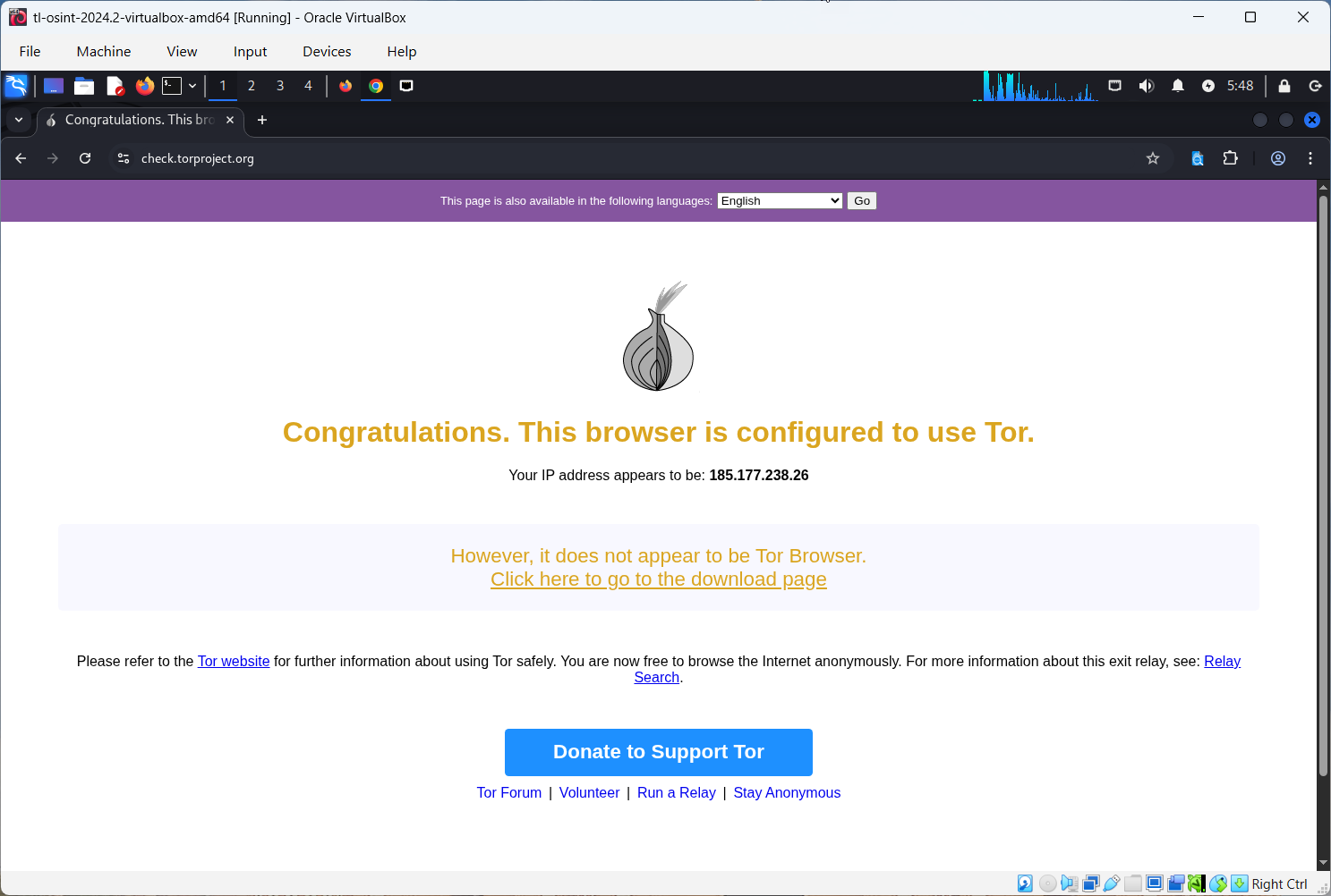 Investigation VM showing Chrome confirming Tor is active with Forensic OSINT