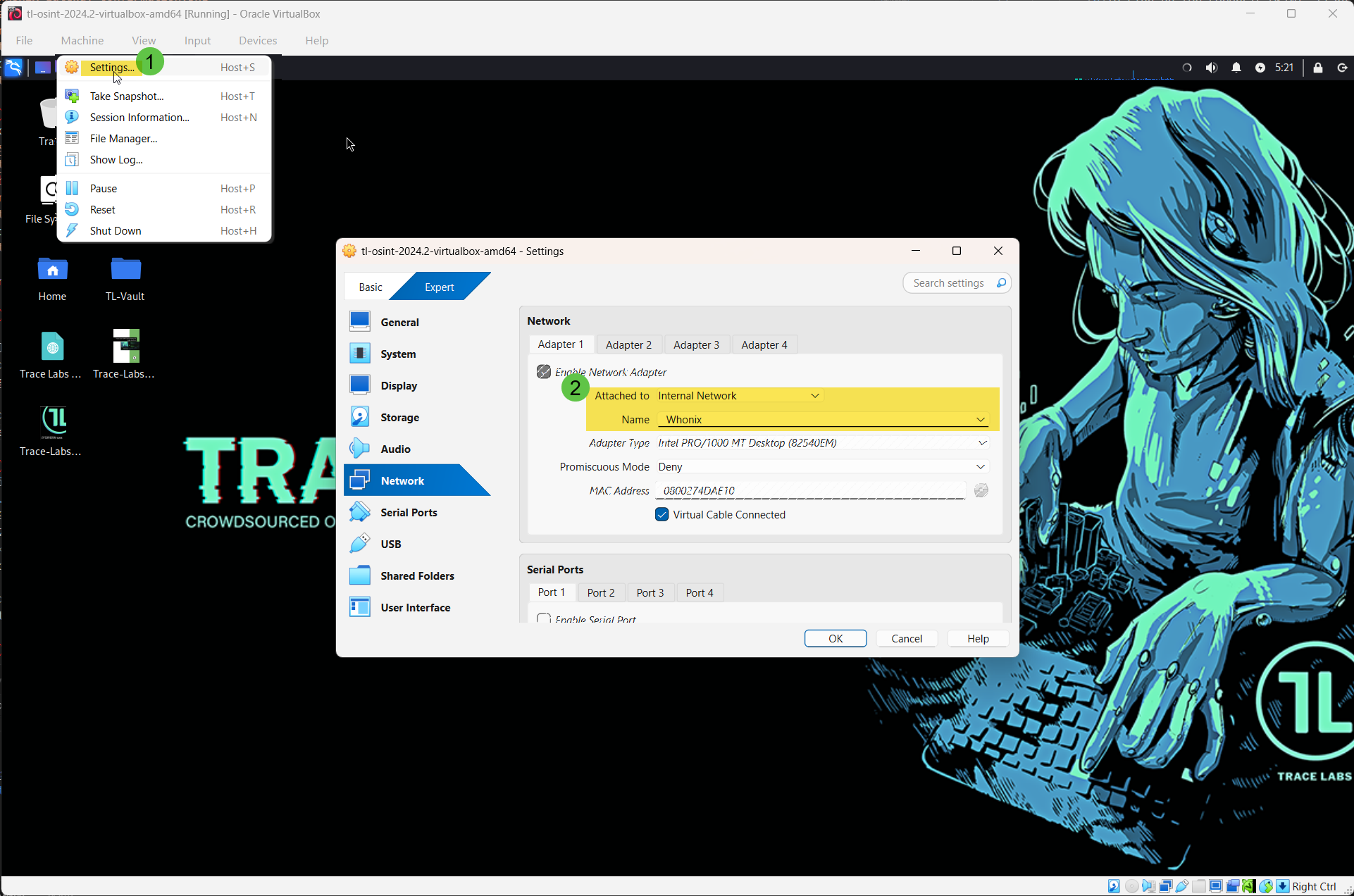Trace Labs VM Network settings showing Internal Network configuration