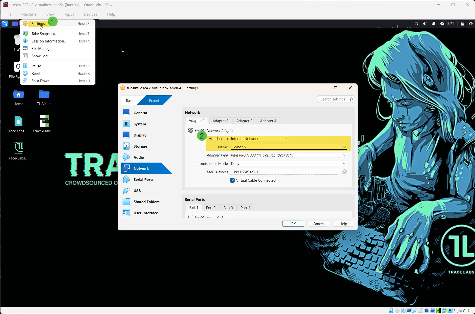 Trace Labs VM Network settings showing Internal Network configuration