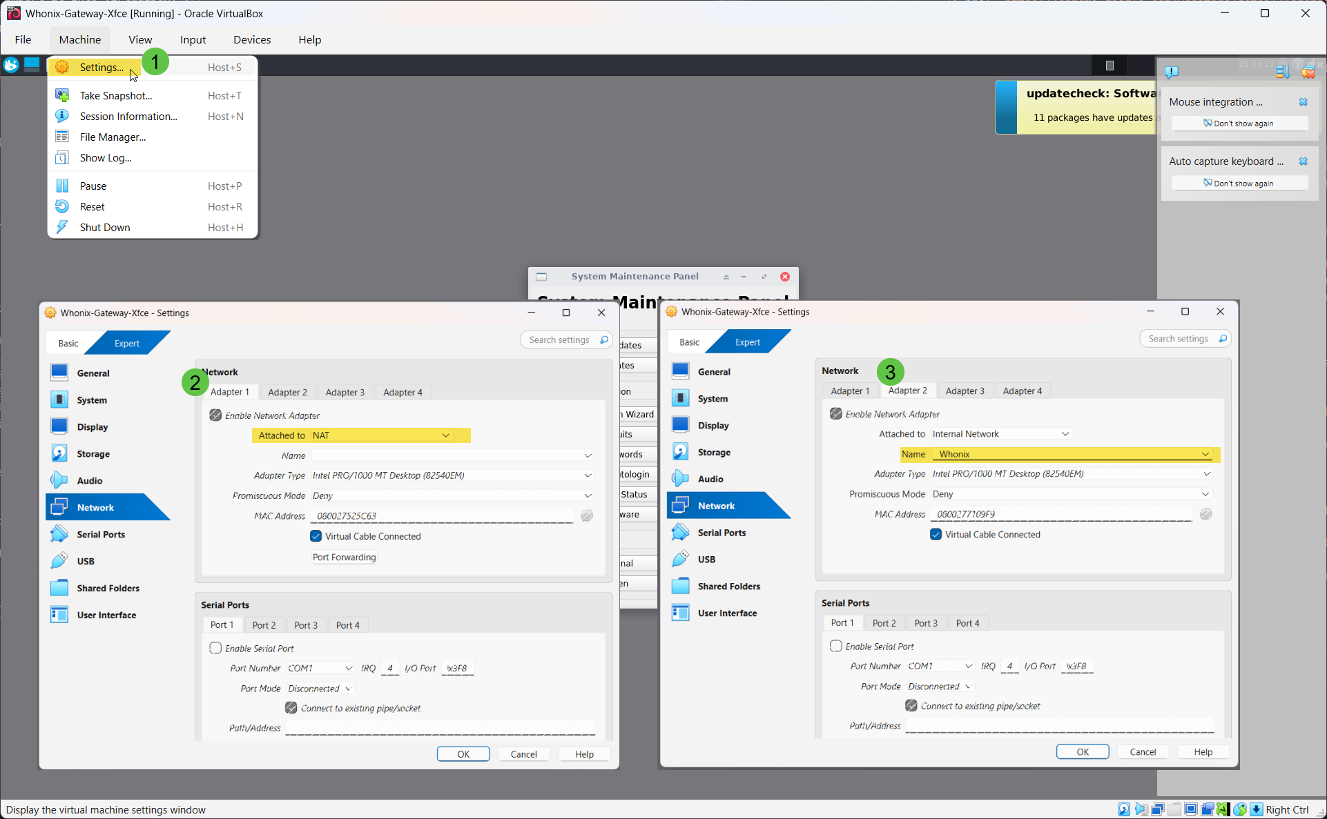 Whonix Gateway Network settings showing Adapter 1 = NAT and Adapter 2 = Internal Network