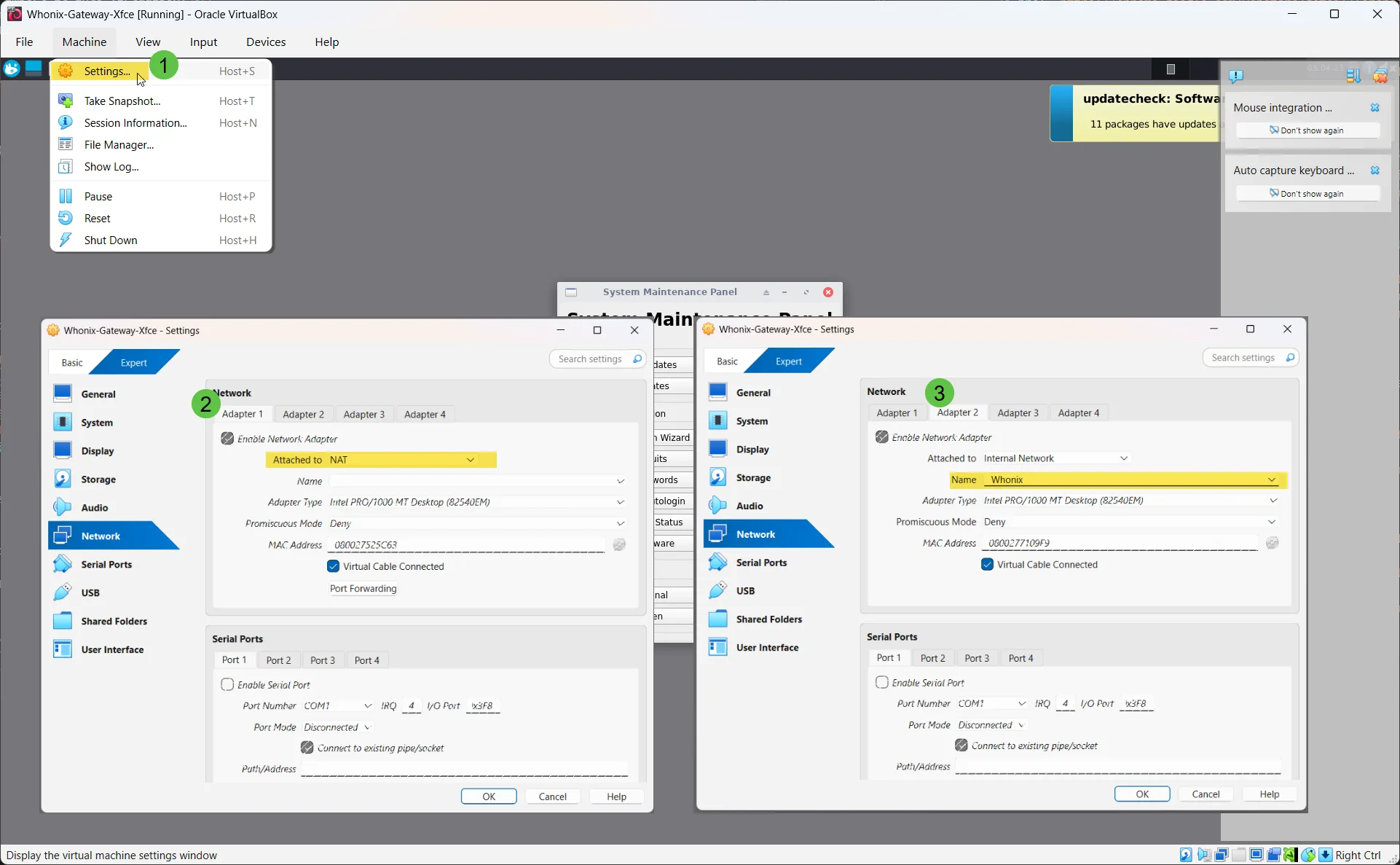Whonix Gateway Network settings showing Adapter 1 = NAT and Adapter 2 = Internal Network