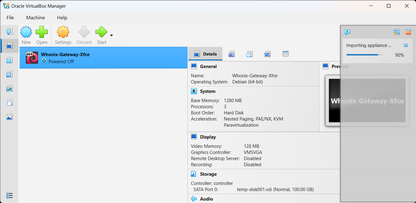 VirtualBox Import dialog for Whonix Gateway OVA file