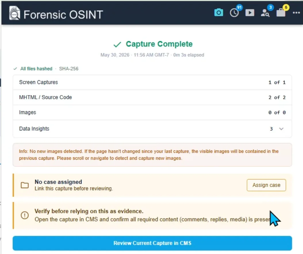 Click to view larger image. Capture complete screen in Forensic OSINT highlighting a No case assigned prompt with an Assign case button