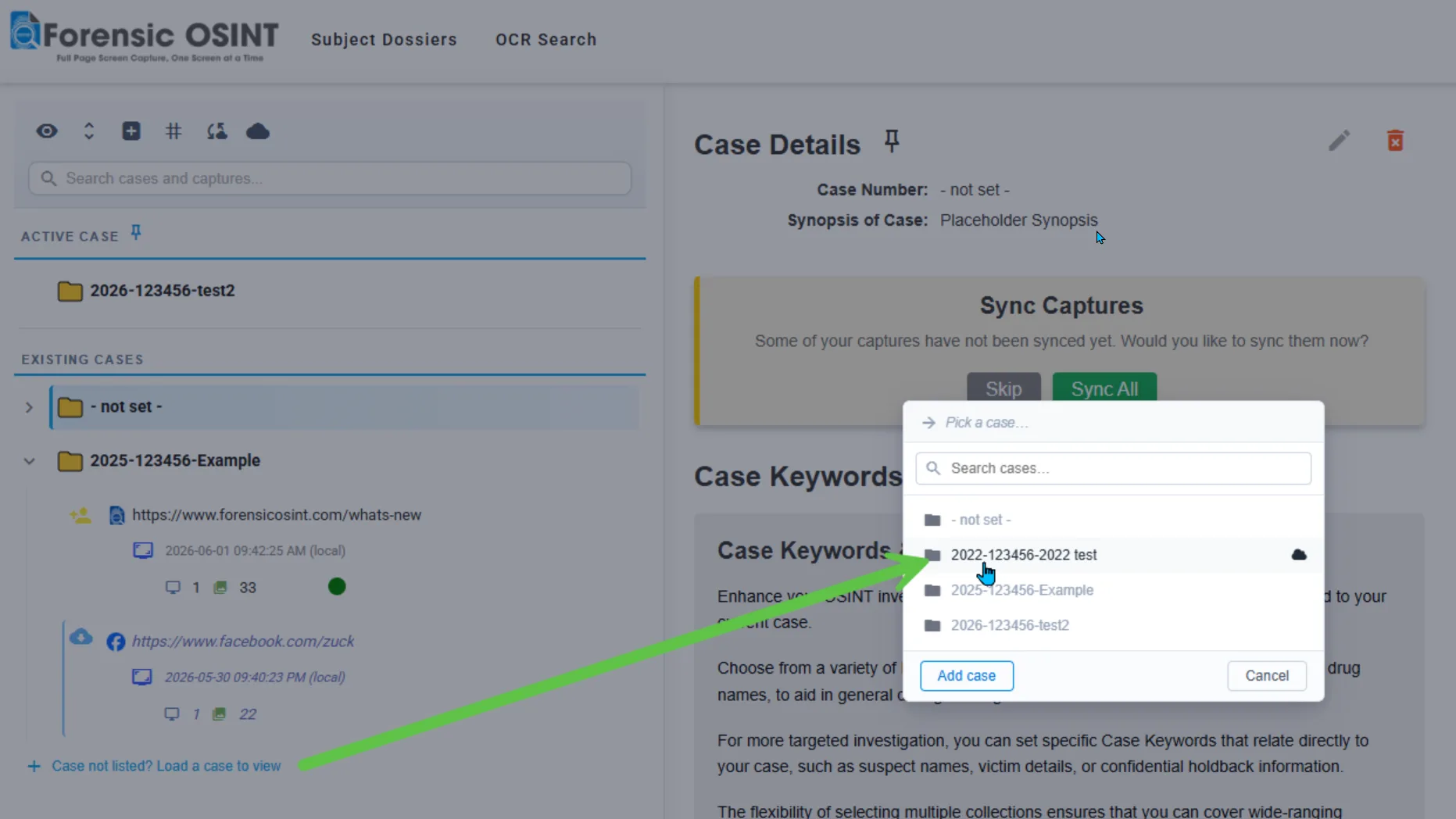 Click to view larger image. Forensic OSINT side tree with a Load a case to view link for pulling server-only cases into the tree