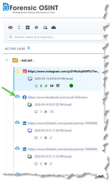 Click to view larger image. Server-stored captures visible in the Forensic OSINT side tree