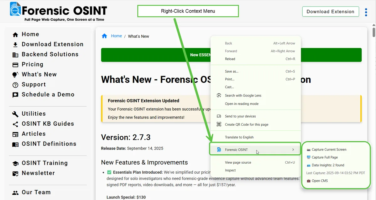 Click to view larger image. Right-Click Context Menu in Forensic OSINT