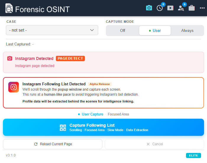 Instagram Following List detected and ready for capture in Forensic OSINT