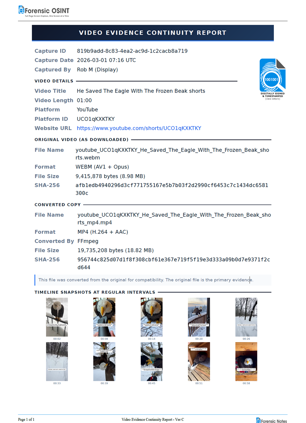 Redesigned Video Evidence Continuity Report with SHA-256 hashing
