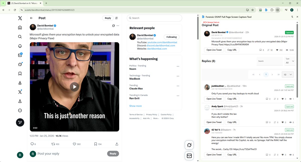 Investigator Side Panel showing X post with replies, capture status, and search controls